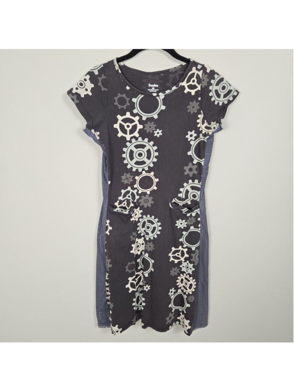 Svaha Womens Organic Cotton Gear Print Dress Size XS Grey Teacher Pockets STEM